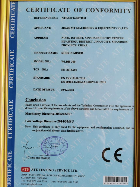 China Jinan MT Machinery &amp; Equipment Co., Ltd. Certification
