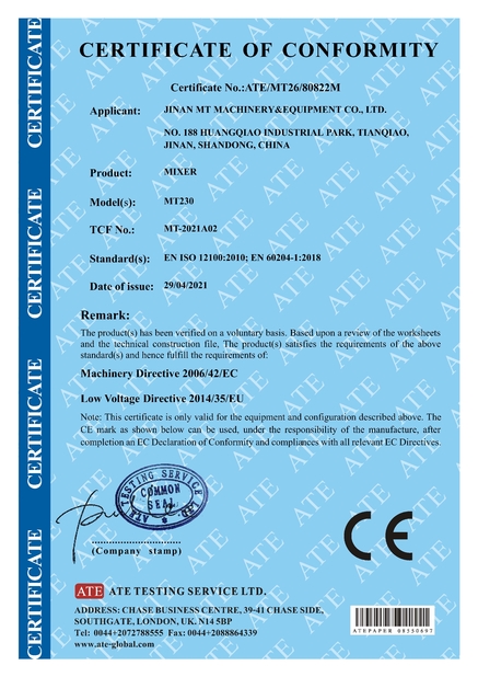 China Jinan MT Machinery &amp; Equipment Co., Ltd. Certification